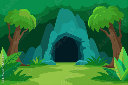 Mysterious cave entrance in lush green forest