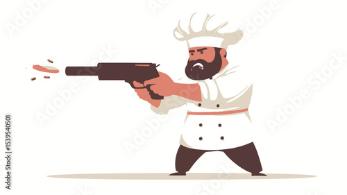 A digital illustration of a cartoon chef, depicted from the knees up, wearing a white chef's uniform and hat. He has a thick beard and mustache, and a stern expression. The chef is holding a large