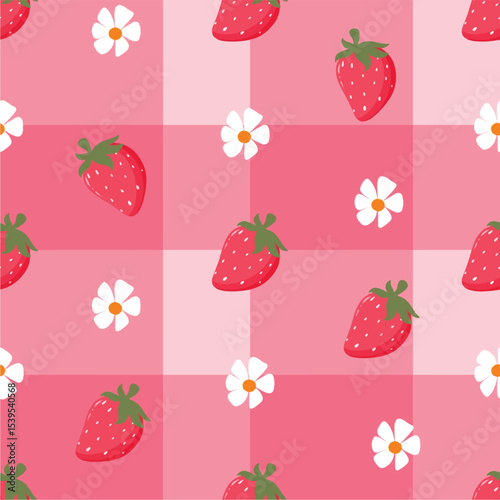 strawberry and white flower seamless pattern with pink background