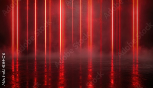 Red neon lines in a smoky, reflective space