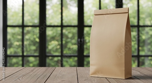 A brown paper bag sits on a wooden table with a blurred green background seen through a window