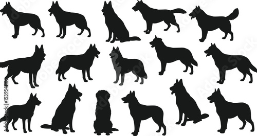 German Shepherd dog silhouette collection, black dog poses vector, police dog clipart, pet animal design, standing sitting running guard dog icon pack isolated.