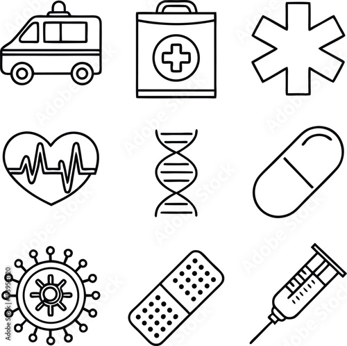 "Collection of Outline Medical Elements Featuring First Aid, Virus, Bandage, and Heartbeat Symbols"