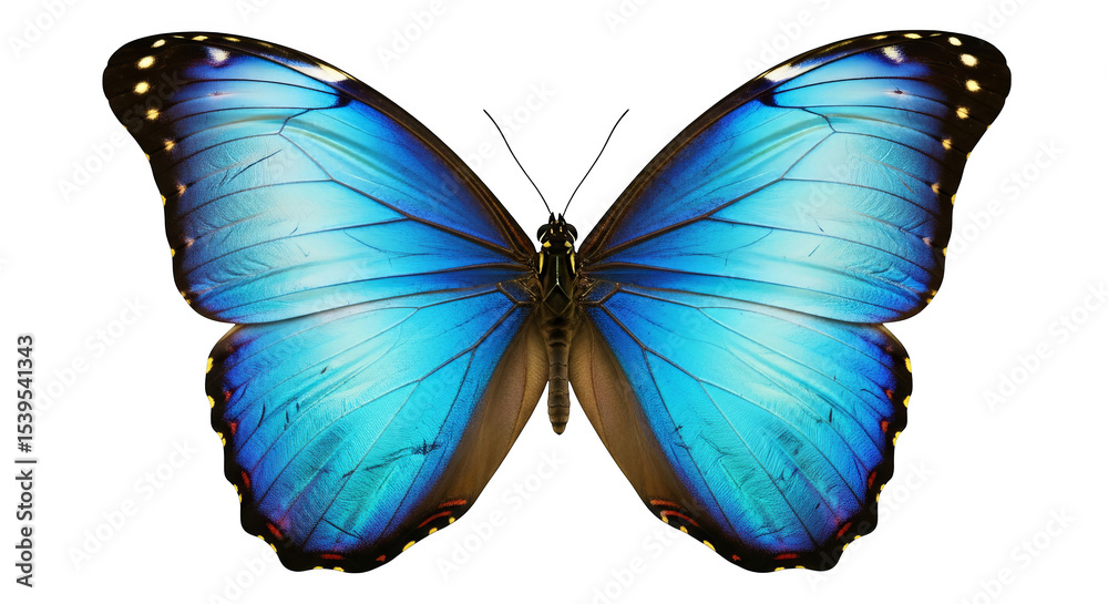Fototapeta premium Detailed macro captures a bright blue butterfly displaying the vivid colors of its delicate wings.