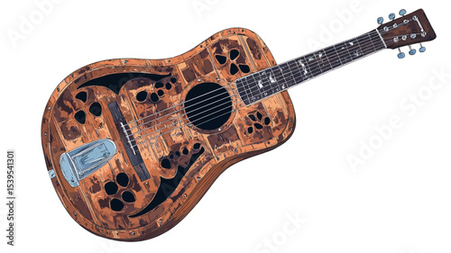 High-angle, close-up view of an acoustic guitar. The guitar features a unique, ornate design on its body, with detailed cutouts and patterns in the wood. The wood appears aged or distressed, adding
