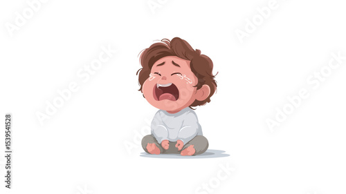 Digital illustration of a cartoon baby sitting on the ground, crying. The baby has brown curly hair, is wearing a white shirt and gray pants, and its mouth is open in a cry. The illustration is on