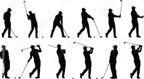 Golf player silhouette collection, golfing swing poses, sportsman with club vector, athletic stance in motion, golfer shadow illustration, golf action icons, tee shot positions.