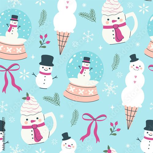 Cute seamless Christmas pattern with snowmen. Vector graphics.