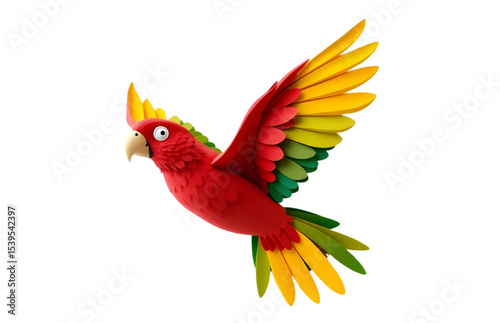 Vibrant red and yellow paper parrot in flight illustration
