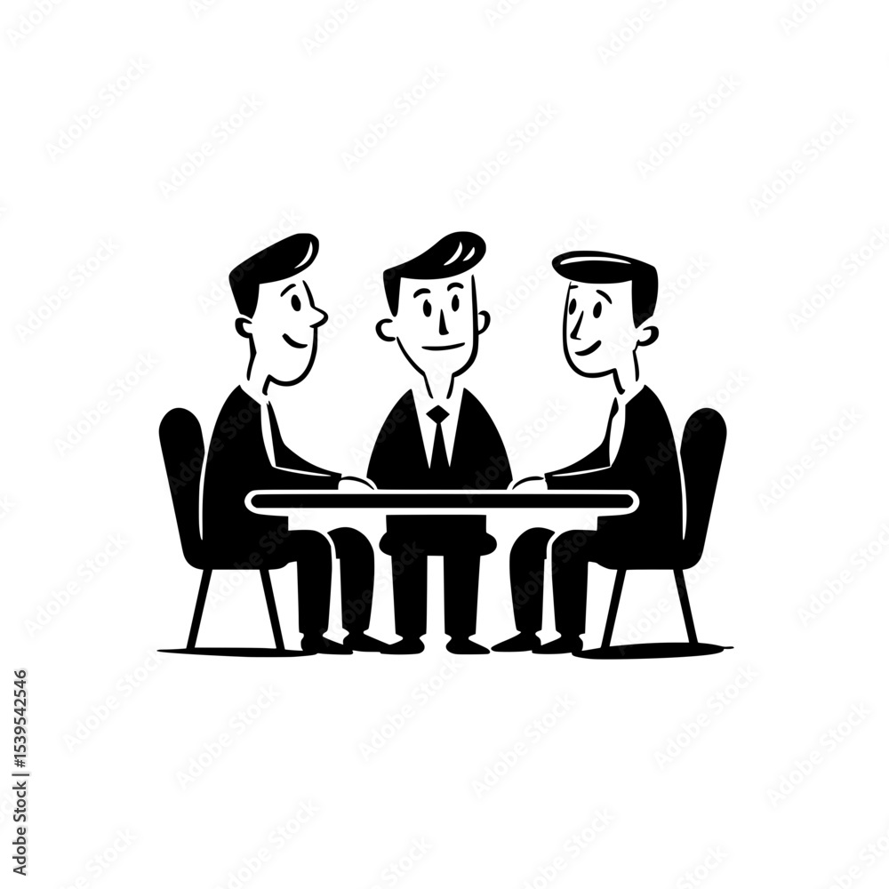 Fototapeta premium Cartoon business meeting with three professionals, Black and white illustration of three office workers in a meeting, discussing data at a table with a chart document.