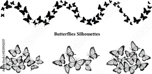 Butterfly silhouette vector collection, flying butterflies decorative elements, black insect illustrations, nature-inspired design assets, isolated butterfly shapes