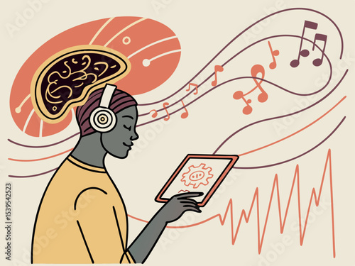 Artistic Vector Illustration of Brain-Controlled Music Notes  