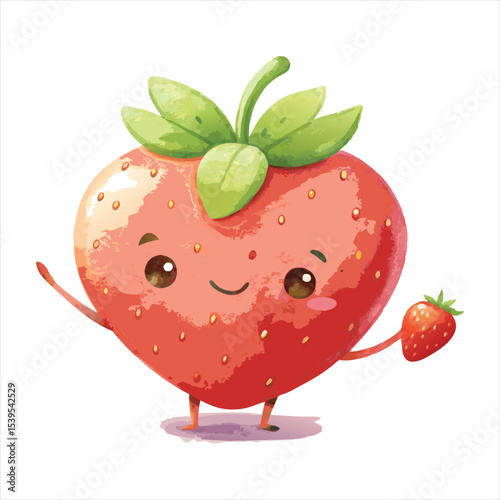 A cheerful cartoon strawberry character holding a mini strawberry