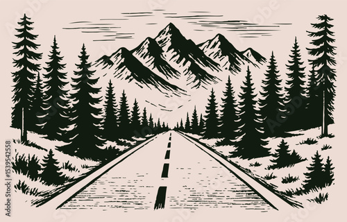 Vintage sketch of a forest road leading into distant mountains, lined with pine trees evoking adventure, solitude, and nature’s vastness.