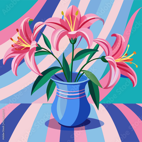 The image is a painting of three pink lilies in a blue vase. The vase is placed on a pink and blue striped tablecloth. The lilies are in full bloom with their petals open wide and their stamens pointi