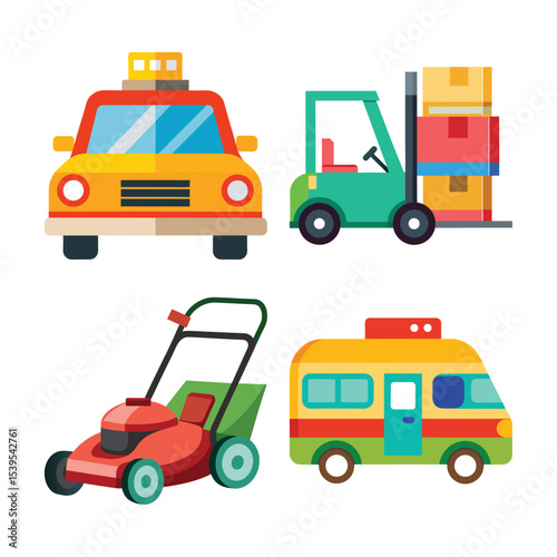 Collection of colorful flat style transportation and utility vehicles