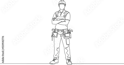 Construction worker in safety helmet with tool belt, standing confidently with arms crossed, outline vector illustration, builder professional, line drawing
