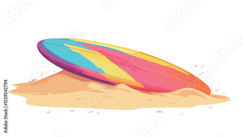 The image is a digital illustration depicting a colorful surfboard partially buried in light beige sand. The surfboard is predominantly pink, orange, yellow, and light blue, with swirling, abstract