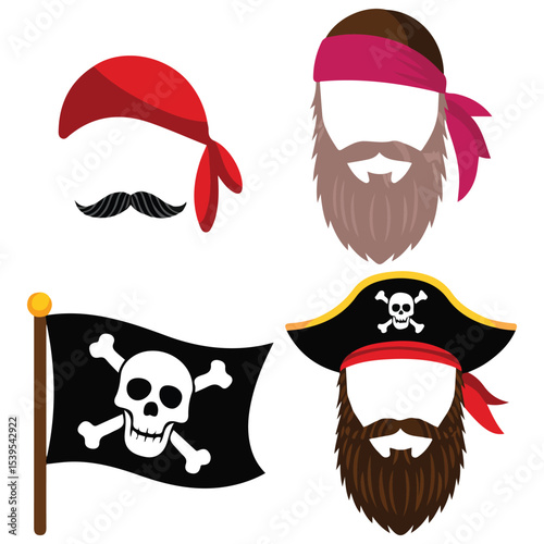 pirate photo booth props collection isolated vector illustration
