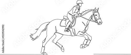 Equestrian line art of jockey riding horse, outline vector illustration, galloping motion, horseback rider silhouette, racing horse drawing, black white sketch, sport competition artwork design.