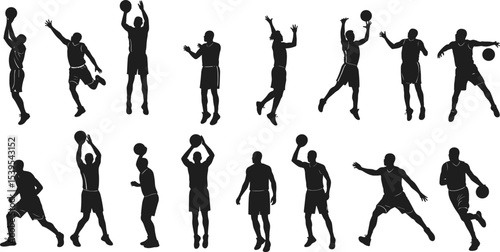 Basketball player silhouette collection, vector illustration of athletes jumping, dribbling, passing, dunking, shooting, sports action poses, black figures, professional motion, athletic activity,