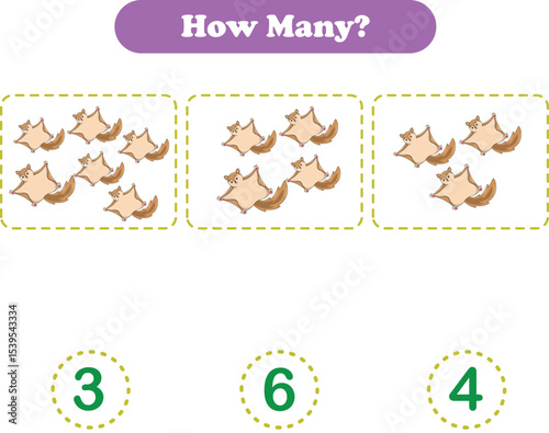 Counting game of wild animals for preschool kids. Counting Flying squirrels. Printable. Vector Illustration
