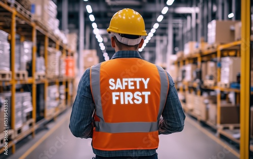Back view of a warehouse worker wearing a reflective safety vest with “SAFETY FIRST” text, emphasizing industrial safety and workplace protocols.