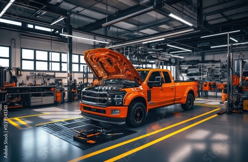Orange pickup truck in a modern auto repair shop