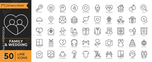 Family and wedding outline icon set. Containing marriage, party, love, rings, wedding car, Church, ceremony, photo, dinner, bouquet, tuxedo, dress and more. Editable stroke. Vector illustration.