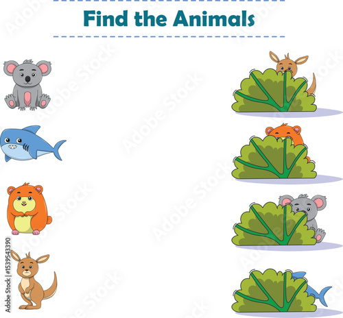 Find Hiding Animals. Child Exercise Sheet with wild animals. Printable worksheet. Cartoon vector illustration