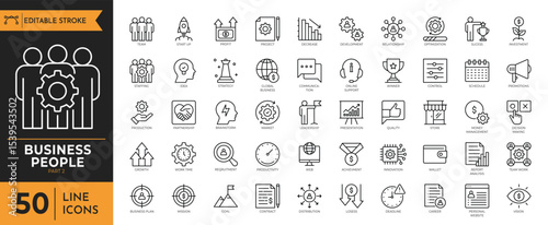 Business people outline icon set. Containing teamwork, leadership, communication, mentorship, HR management, innovation, skill development, employee, and more. Editable stroke. vector illustration