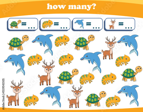 Counting game of wild animals for preschool kids. Printable. Vector Illustration
