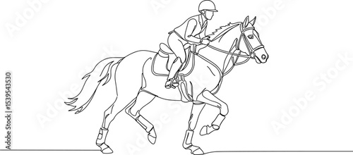 Line art horse rider, equestrian sport illustration, jockey galloping horse, outline drawing, horseback riding competition, minimalist vector, athlete on horse, racing motion, training concept sketch.