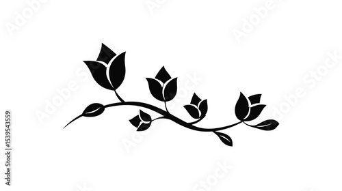 Elegant Black Floral Branch: Silhouette Design, Botanical Vector, Tulip Blossom, Spring Flower, Nature Illustration
