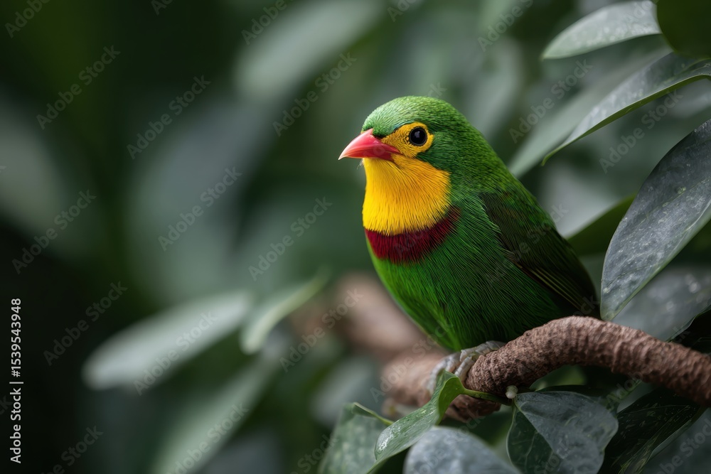 Fototapeta premium Colorful tropical bird perched on lush green branch