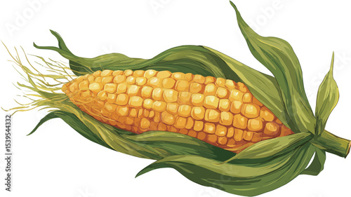 A digital illustration of a single ear of fresh, yellow corn on the cob.  The corn is partially shucked, revealing the yellow kernels.  Green husks and silk are visible. The image is sharply