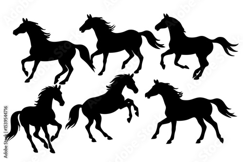 Six Black Horse Silhouettes, Running and Standing Poses