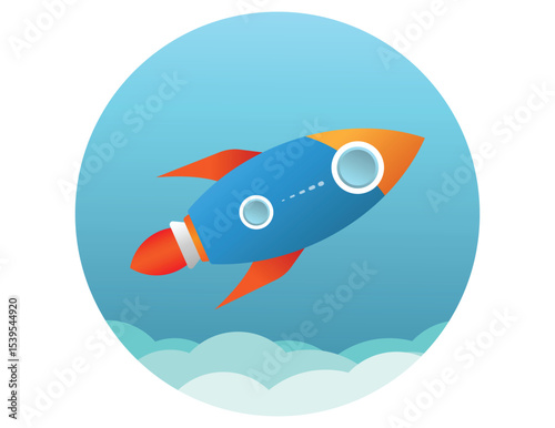 Mini Colorful Rocket Flying Above Clouds, Simple Illustration