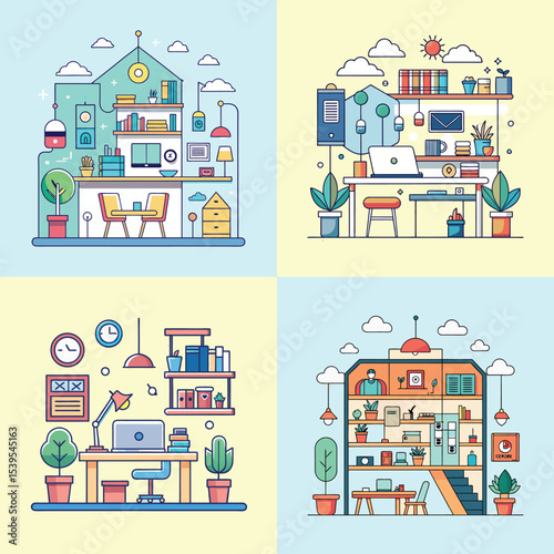 Co-Working Space Flat Illustration in Simple Minimalist Style