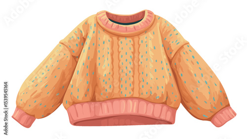 A digital illustration depicting a yellow knit sweater with a cable knit pattern and light orange ribbed hem and cuffs. The sweater is presented on a white background. 