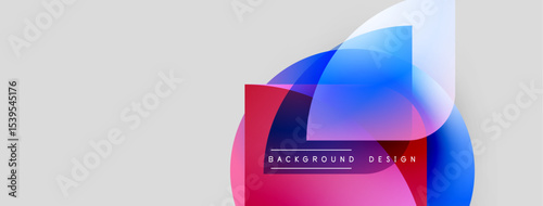 Abstract design features overlapping colorful shapes. Red, blue, white gradients create modern visual effect. Text reads background design.