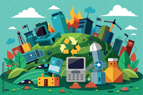 Environmental awareness campaign highlighting recycling and sustainability in a vibrant urban landscape