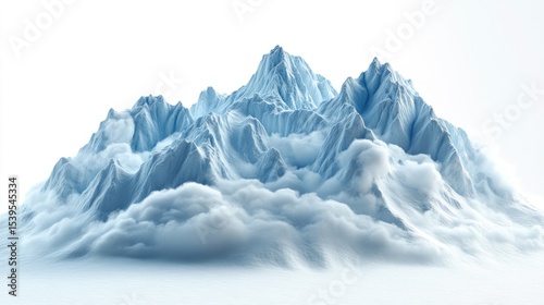 Mountain landscape with fluffy clouds, and white background.
