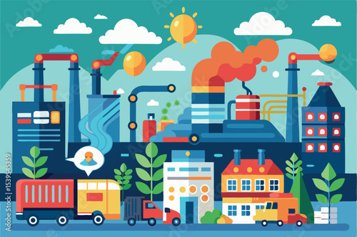 Industrial landscape with factories, trucks, and greenery under a sunny sky in a vibrant city setting