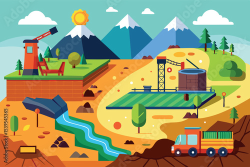 Exploring a vibrant landscape with mining, agriculture, and nature under a bright sun and towering mountains