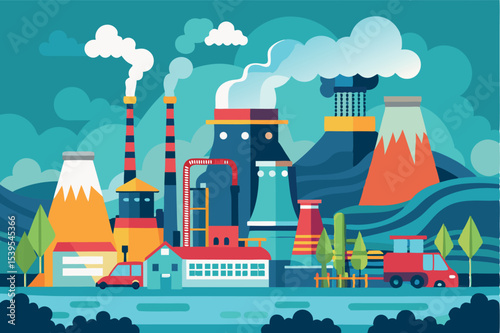 Industrial landscape with factories and mountains under a blue sky showcasing production and energy generation