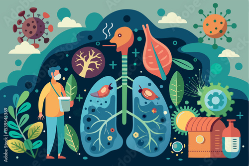Exploring the human respiratory system in a colorful and educational illustration depicting lungs, air pollution, and health awareness