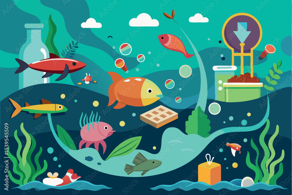 Obraz premium Colorful underwater scene with various fish and aquatic plants in a whimsical style