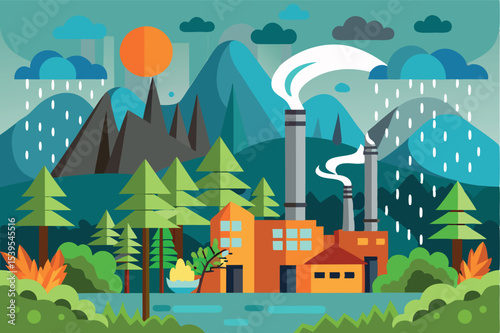 Industrial landscape featuring factories, mountains, and weather variations in a colorful setting