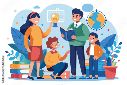 Engaging group of children and an adult sharing ideas in a learning environment at a library or classroom